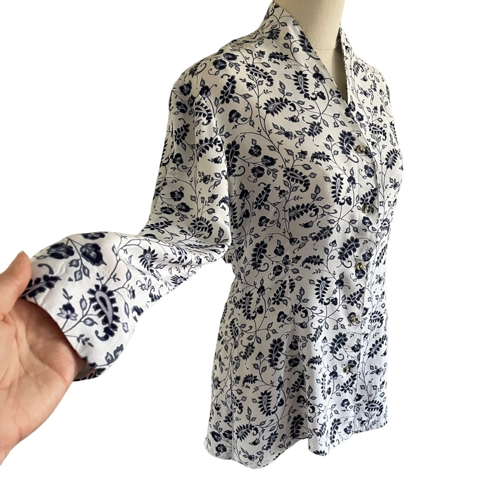 ESPRIT Sz S Blue paisley design on soft cotton button down shirt collarless - Picture 3 of 10